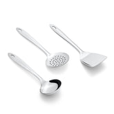 Montavo by FnS Amazon Stainless Steel Serving Tools Set of 3, 1 Gravy Ladle (chamcha), 1 Solid Turner, 1 Skimmer Turner